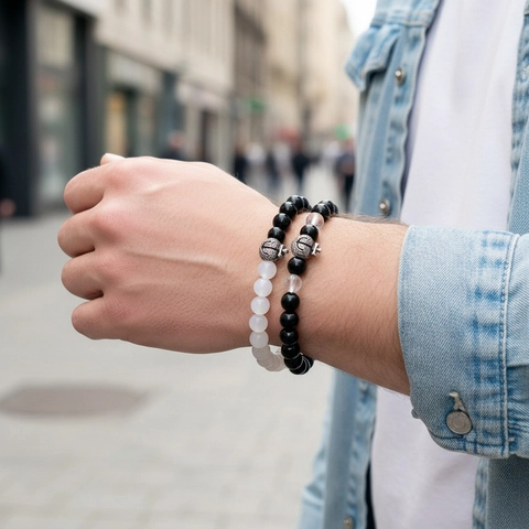 Natural Semi Precious Stone Beaded Bracelet For Men Vintage Copper Zirconia Crown Infinity Anchor Pendant Stretch Jewelry