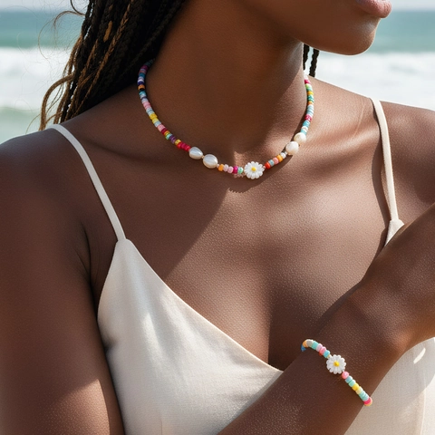 Collana E Bracciale Bohemian In Perline Colorate Con Perle D'Acqua Dolce Margherita Malocchio Per Donna Gioielli Da Spiaggia