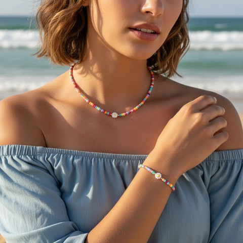 Collana E Bracciale Bohemian In Perline Colorate Con Perle D'Acqua Dolce Margherita Malocchio Per Donna Gioielli Da Spiaggia