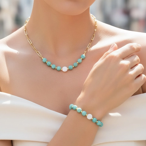 Gold Plated Copper Paperclip Chain Necklace And Bracelet Semi Precious Stone Agate Crystal Shell Bead Jewelry For Women