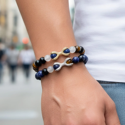 Natural Semi Precious Stone Beaded Bracelet For Men Vintage Copper Zirconia Crown Infinity Anchor Pendant Stretch Jewelry