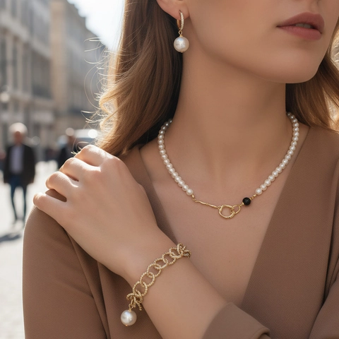 Elegante Vintage Koperen Sieraden Collectie Schelpparel Zwarte Agaat Geometrische Ketting Armband Oorbellen Voor Dames