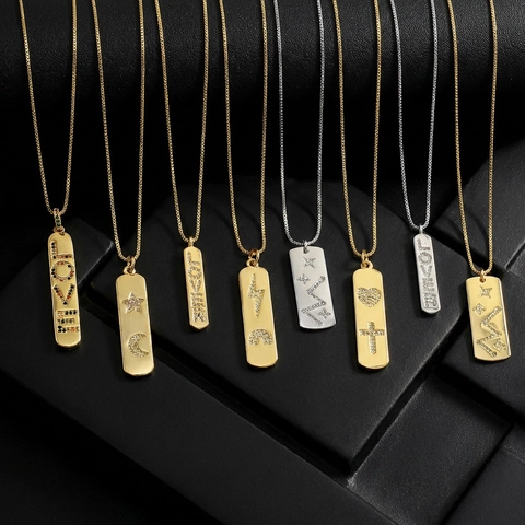 18K Gold Plated Copper Rectangle Bar Pendant Necklace Micro Inlaid Zirconia LOVE Letter Star Moon Jewelry For Women