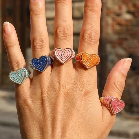 Fashion Candy Color Heart Enamel Open Ring For Women Gold Plated Copper Drip Oil Layered Heart Adjustable Finger Ring Jewelry