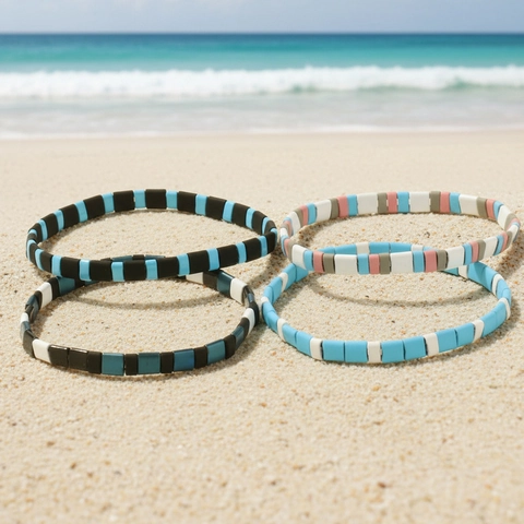 Bohemian Colorful Enamel Tila Bead Bracelet Rainbow Zircon Evil Eye Charm Elastic Stretch Summer Beach Jewelry For Women