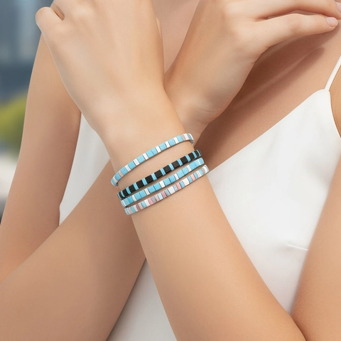 Bohemian Colorful Enamel Tila Bead Bracelet Rainbow Zircon Evil Eye Charm Elastic Stretch Summer Beach Jewelry For Women