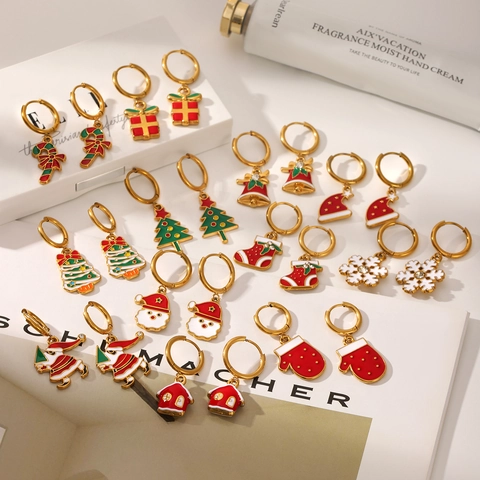 Christmas Stainless Steel Earrings 18K Gold Plated Enamel Santa Claus Tree Snowflake Drop Earrings For Women Holiday Jewelry