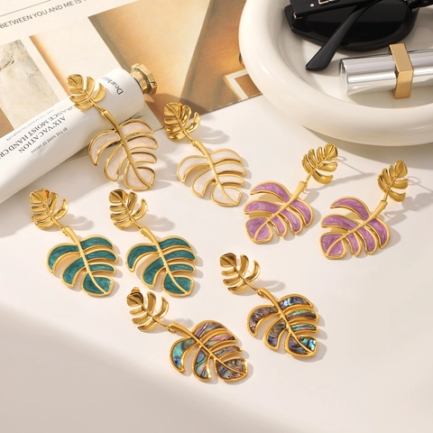 Stainless Steel Monstera Leaf Drop Earrings For Women Tropical Hollow Plant Statement Dangle Earrings Gold Plated Vacation Jewelry