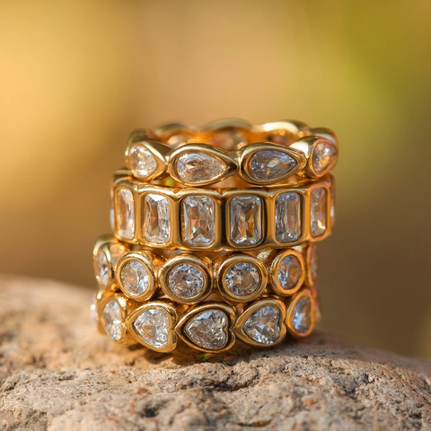 Luxury 18K Gold Plated Stainless Steel Zircon Ring Collection For Women Vintage Heart Round Rectangular Pear Cut Inlaid Jewelry Finger Ring Gift