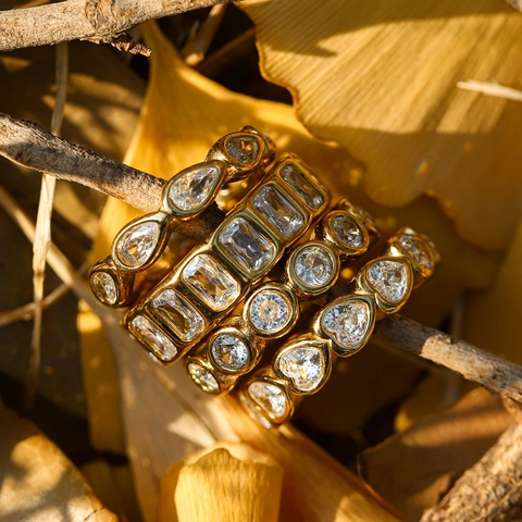 Luxury 18K Gold Plated Stainless Steel Zircon Ring Collection For Women Vintage Heart Round Rectangular Pear Cut Inlaid Jewelry Finger Ring Gift