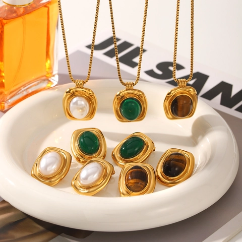 French Vintage Stainless Steel Gold Plated Geometric Faux Artificial Pearl Green Stone Tiger Eye Pendant Necklace Earring Jewelry Set