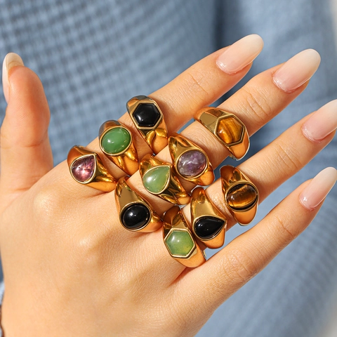 Anello con Sigillo in Acciaio Inossidabile con Pietra Naturale da Donna Retro Francese Vintage Esagono Goccia d'Acqua Ovale Placcato Oro Anello Geometrico Gioielli Regalo
