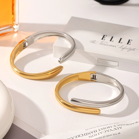 Minimalist Stainless Steel Hinged Bangle For Women Stylish Irregular Water Drop Gold Silver Tone Color Block Bracelet Jewelry Gift