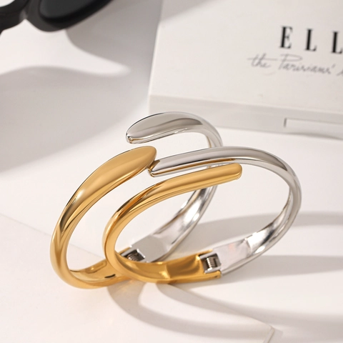 Minimalist Stainless Steel Hinged Bangle For Women Stylish Irregular Water Drop Gold Silver Tone Color Block Bracelet Jewelry Gift