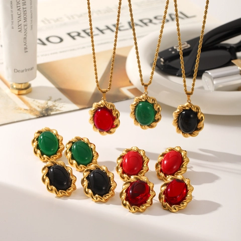 French Vintage Stainless Steel Oval Gemstone Necklace And Earrings Gold Plated Twisted Rope Jewelry For Women Party Accessory