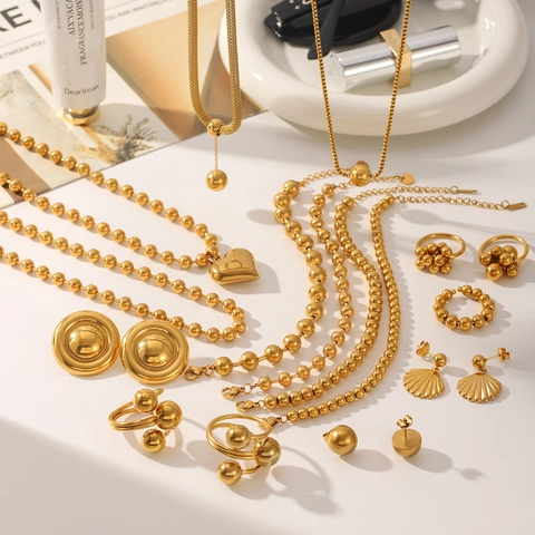 Joyas Minimalistas de Acero Inoxidable Chapado en Oro de 18K para Mujer Collar Pulsera Anillo Pendientes con Cuentas de Bola Corazón Concha
