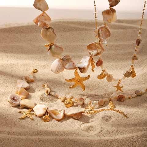 Set di Collana E Bracciale in Acciaio Inossidabile Stile Oceano Con Stella Marina Conchiglia E Perla Artificial Oro Gioielli da Spiaggia Donna