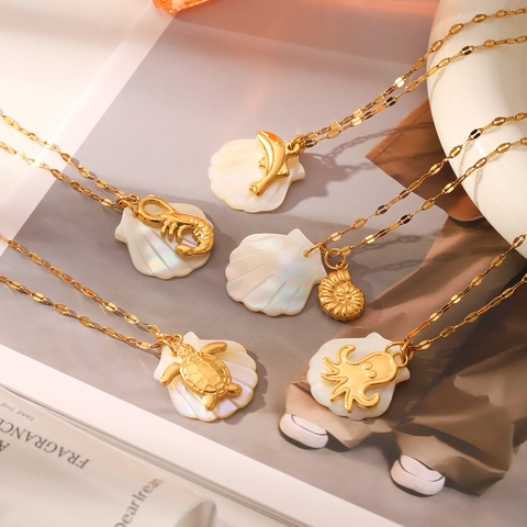 Collana in Acciaio Inossidabile Stile Oceano Placcato Oro 18K con Ciondolo in Madreperla per Donna Gioielli