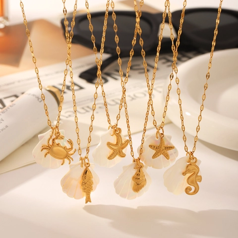 Collana in Acciaio Inossidabile Stile Oceano Placcato Oro 18K con Ciondolo in Madreperla per Donna Gioielli