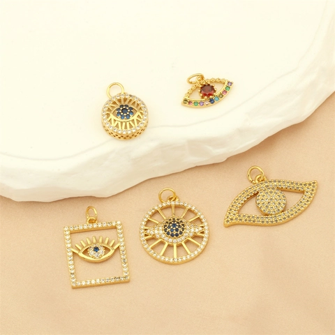 Gold Plated Copper Evil Eye Pendant With Rhinestone Inlaid For Jewelry Making DIY Round Rectangular Eye Shape Charm