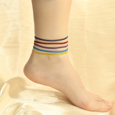 Trendy Hip Hop Colorful Spray Paint Copper Anklet Adjustable Cuban Link Foot Chain For Women Summer Beach Fashion Jewelry