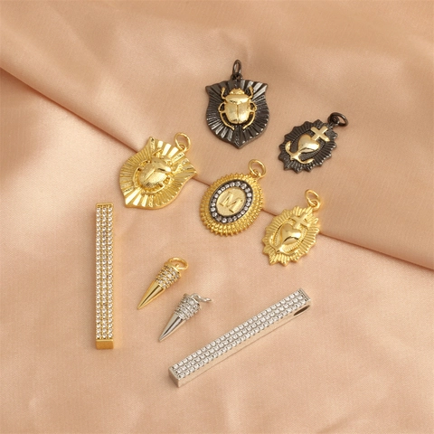 Vintage Gold Plated Copper Cross Heart Anchor Beetle Letter M Zircon Pendants DIY Jewelry Making Accessories Men Women