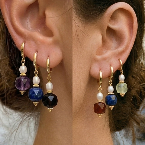 Nuovo Stile Cinese Orecchini a Pendente in Pietra Naturale e Perla d'Acqua Dolce Geometrici Placcati Oro Gioielli Donna