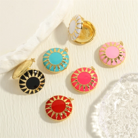 Gold Plated Copper Enamel Sunburst Locket Pendant Round Openable Photo Frame Box For DIY Necklace Jewelry Making Accessory