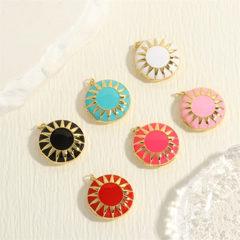 Gold Plated Copper Enamel Sunburst Locket Pendant Round Openable Photo Frame Box For DIY Necklace Jewelry Making Accessory