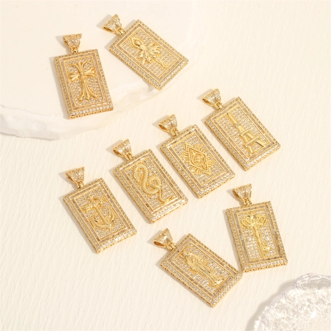 Hiphop 18K Gold Plated Copper Zirconia Rectangle Pendant Cross Anchor Eiffel Tower Eye Virgin Mary Key Jewelry Making