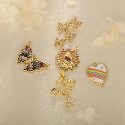 Gold Plated Copper Zirconia Heart Butterfly Evil Eye Saturn Pendant For DIY Jewelry Making Necklace Earring Accessories