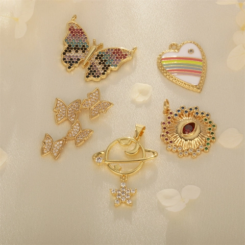 Gold Plated Copper Zirconia Heart Butterfly Evil Eye Saturn Pendant For DIY Jewelry Making Necklace Earring Accessories