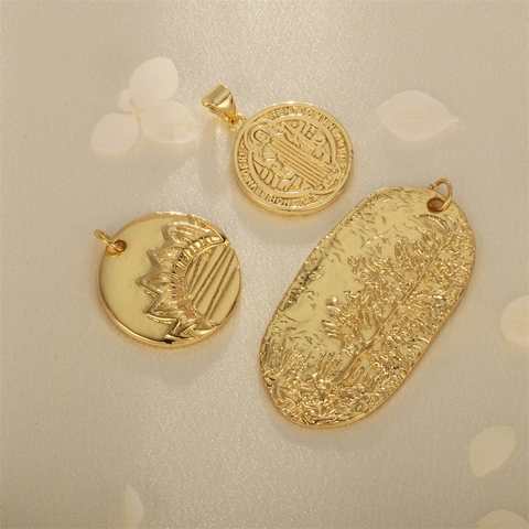 Gold Plated Copper Round Oval Embossed Coin Pendant Tree Sunflower Religious St Benedict Medal For DIY Jewelry Making Women