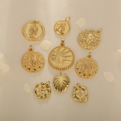 Copper Gold Plated Religious Virgin Mary Angel Star Monstera Leaf Pendants Colorful Zirconia Inlaid Charms For DIY Necklace Jewelry Making