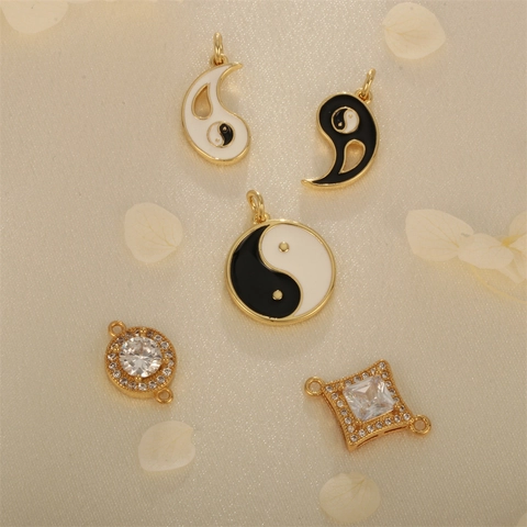 18K Gold Plated Copper Zirconia Tai Chi Pendant Yin Yang Enamel Bagua Connector DIY Jewelry Making Accessory For Women