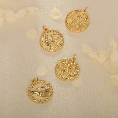 Vintage Gold Plated Copper Coin Pendant Only (Without Chain) With Goddess Lion Relief For DIY Jewelry Making Accessory