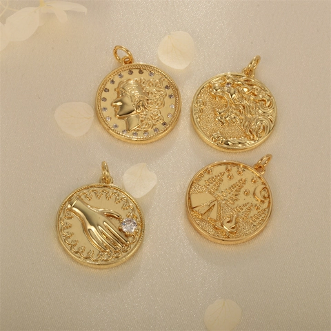 Vintage Gold Plated Copper Coin Pendant Only (Without Chain) With Goddess Lion Relief For DIY Jewelry Making Accessory