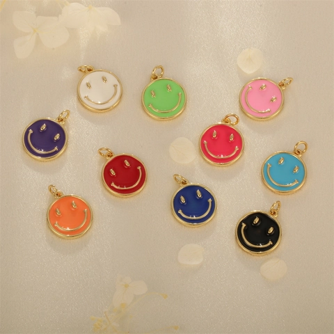 Gold Plated Copper Enamel Smiley Face Round Coin Pendant Charm For DIY Jewelry Making Necklace Bracelet Accessory