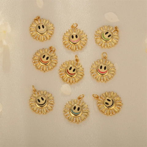 Copper Gold Plated Sunflower Smiley Face Pendant With White Zirconia Inlaid DIY Jewelry Necklace Making Accessories