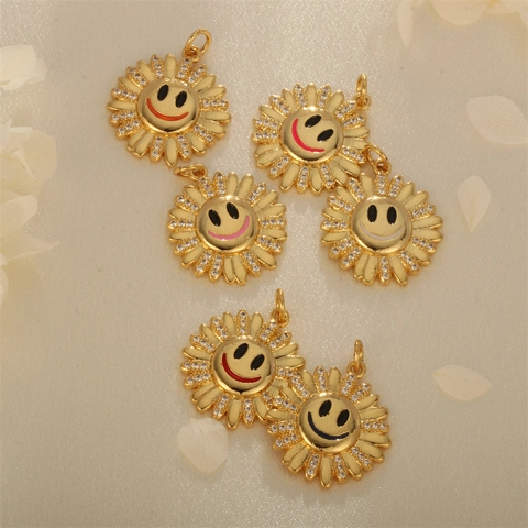 Copper Gold Plated Sunflower Smiley Face Pendant With White Zirconia Inlaid DIY Jewelry Necklace Making Accessories