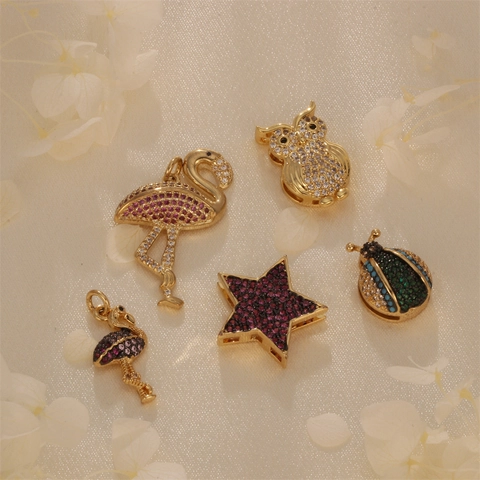 Copper Gold Plated Zirconia Animal Pendants Flamingo Owl Beetle Star Charms For DIY Jewelry Making Necklaces Accessories
