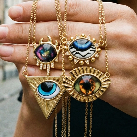 Vintage Evil Eye Pendant Necklace Gold Plated Copper Mysterious Turkish Eye Rhinestone Clavicle Chain Jewelry For Women Party