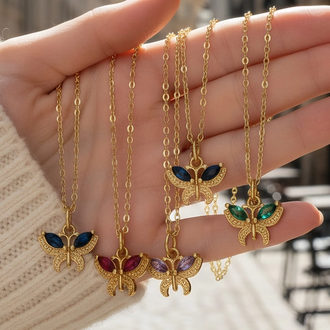 Gold Plated Copper Butterfly Pendant Necklace For Women Colorful Zirconia Animal Charm Clavicle Chain Minimalist Gift