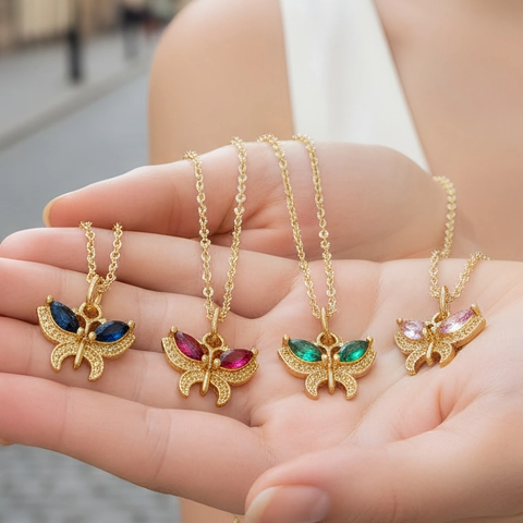 Gold Plated Copper Butterfly Pendant Necklace For Women Colorful Zirconia Animal Charm Clavicle Chain Minimalist Gift