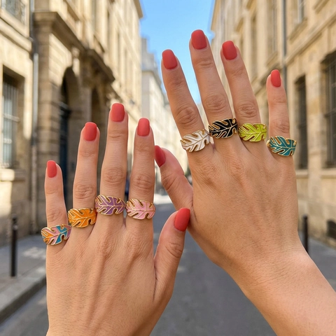 Bohemian Monstera Leaf Open Ring For Women Gold Plated Copper Enamel Drip Oil Adjustable Fashion Jewelry Finger Ring