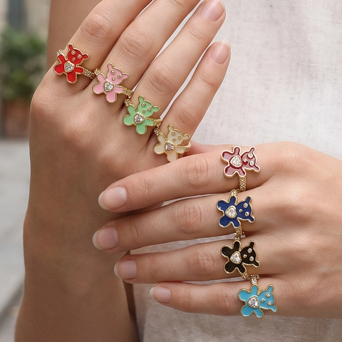 Adjustable Copper Open Ring Women Enamel Colorful Bear Pattern Heart Zirconia Inlaid Electroplated Fashion Ring Jewelry