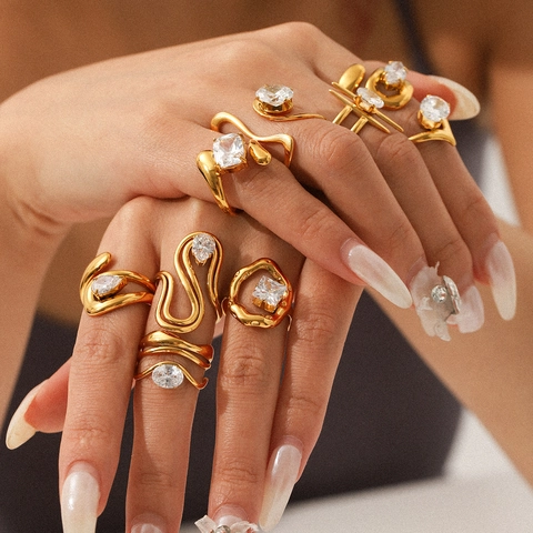 Modern Stainless Steel Open Ring For Women Gold Plated Irregular Geometric Line Zirconia Inlaid Fashion Jewelry Finger Ring
