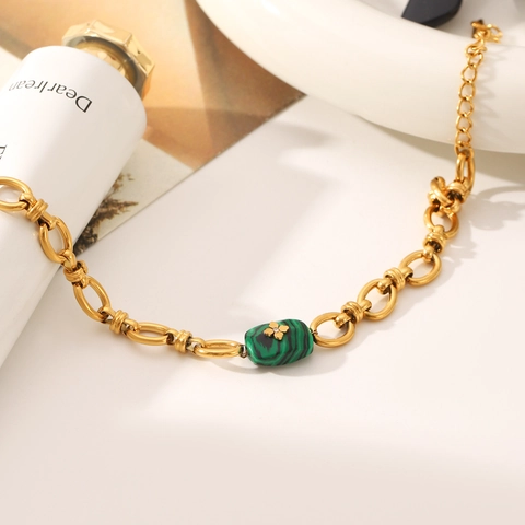 Bracciale Vintage in Acciaio Inossidabile con Malachite per Donna Placcato Oro 18K Fiore Retro Catena a O Gioielli di Lusso