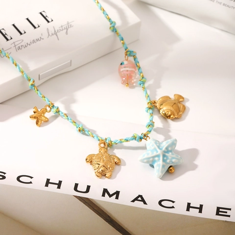 Ocean Braided Rope Stainless Steel Necklace Gold Sea Turtle Starfish Tropical Fish Charm Bohemian Beach Jewelry For Women