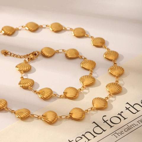 18K Gold Plated Stainless Steel Shell Necklace And Bracelet For Women Radiating Texture Minimalist Elegant Fashion Jewelry